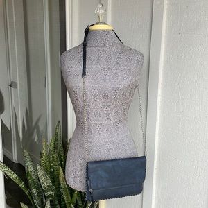 Navy blue cross body or clutch purse.